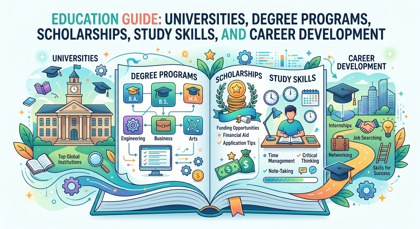 Education Guide: Universities, Degree Programs, Scholarships, Study Skills, and Career Development